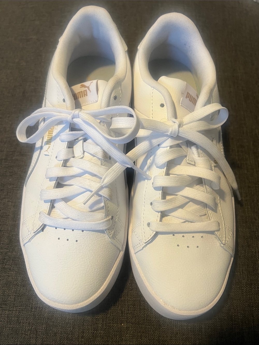 Puma Women's White Low-Top Leather Sneakers with Subtle Gold Logo